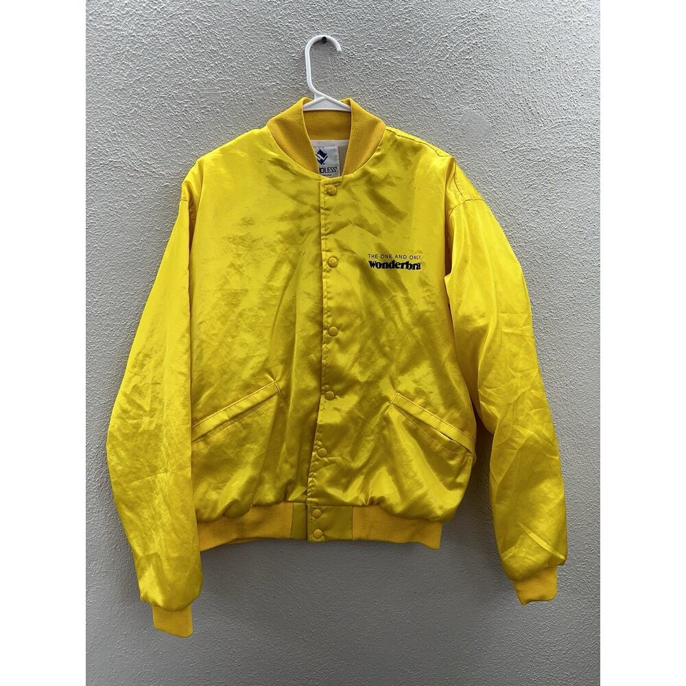 Windless Womens Bomber Jacket Size Large Satin Yellow Wonderbra PR Snap Up VTG
